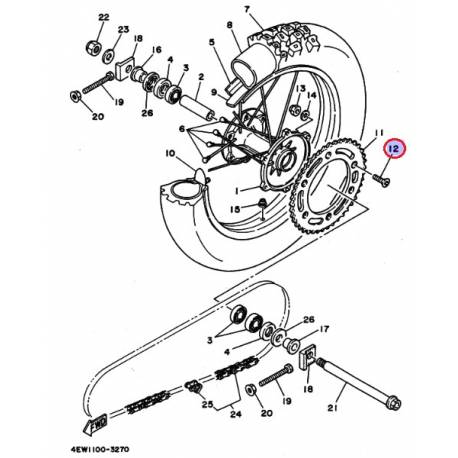 Vis de disque arrière pour YAMAHA YZ125 86-93, YZ250 86-94, TY250 86-91, XV535 92, WR250Z 91-92